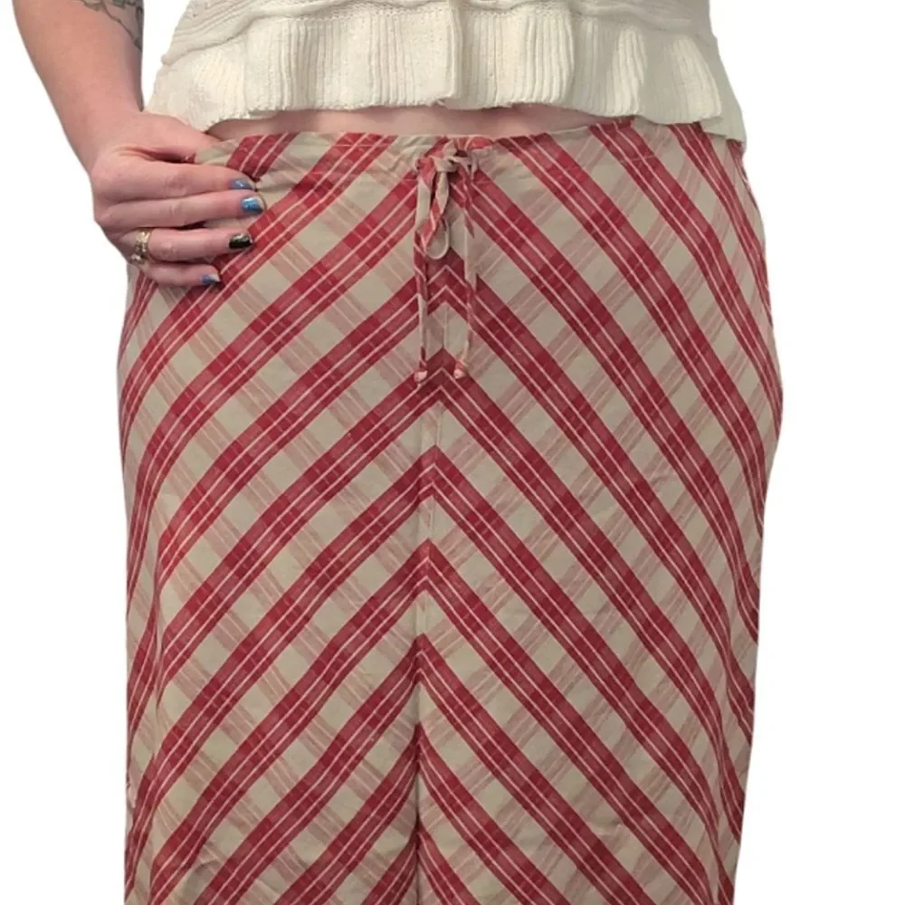 VTG 70s Red Tan Chevron Plaid Prairie Maxi Skirt SZ 10 Flax Blend High Waist